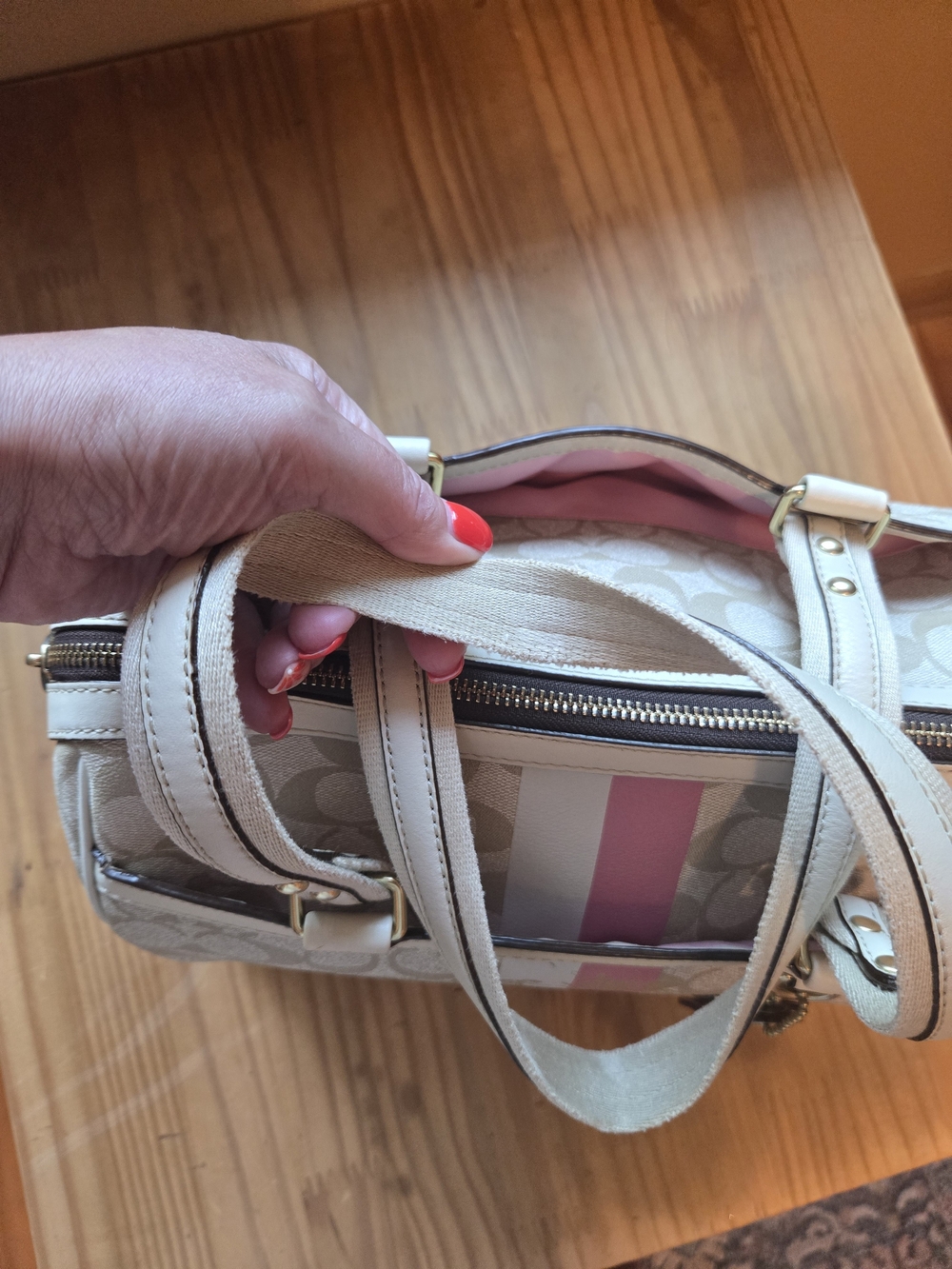 Vintage Coach Heritage Signature Stripe Satchel Bag in Beige, Pink & White - Picture 7 of 16